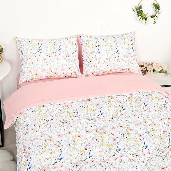 Twin Size Toddler Bedding Set for Girls- 5 Piece Toddler Girl Bedding, Super Soft & Lightweight Toddler Comforter Set Includes Comforter, Flat Sheet, Fitted Sheet, Pillowcase (Pink Flowers)