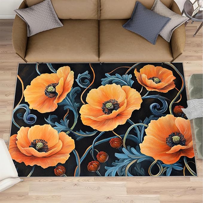 8x10 Poppy Rugs for Living Room - Retro Florals Art Large Area Rug, Rustic Flowers Art Modern Boy Nursery Rug Soft Washable for Classroom Office Bedroom Kids Room