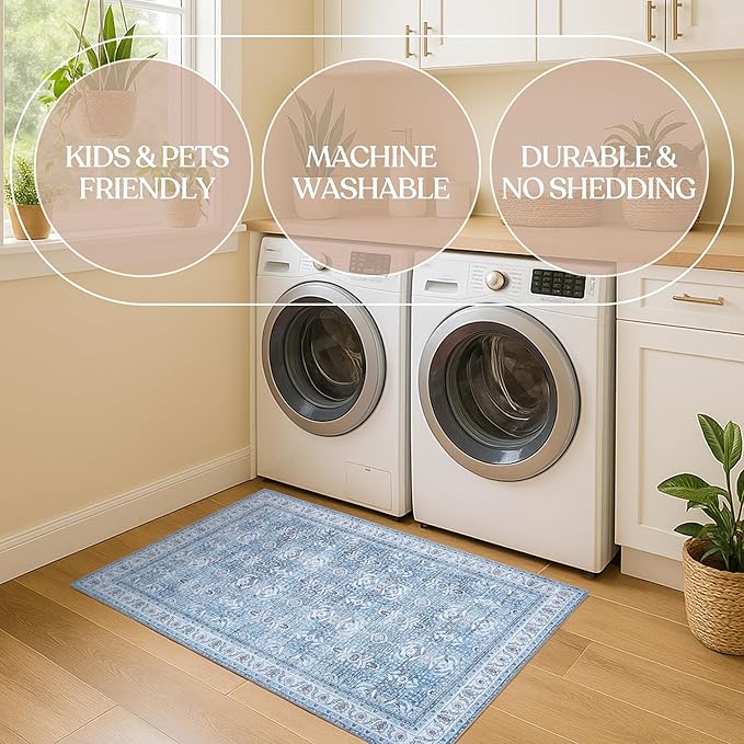 Fame Living Washable Area Rug. Modern Farmhouse. Vintage. Turkish. Bohemian. Distressed. Oriental. Traditional. Rugs for Living Room. Dining. Bedroom. Office. Entryway. Foyer. (866CBl, 2'5" x 4'9")