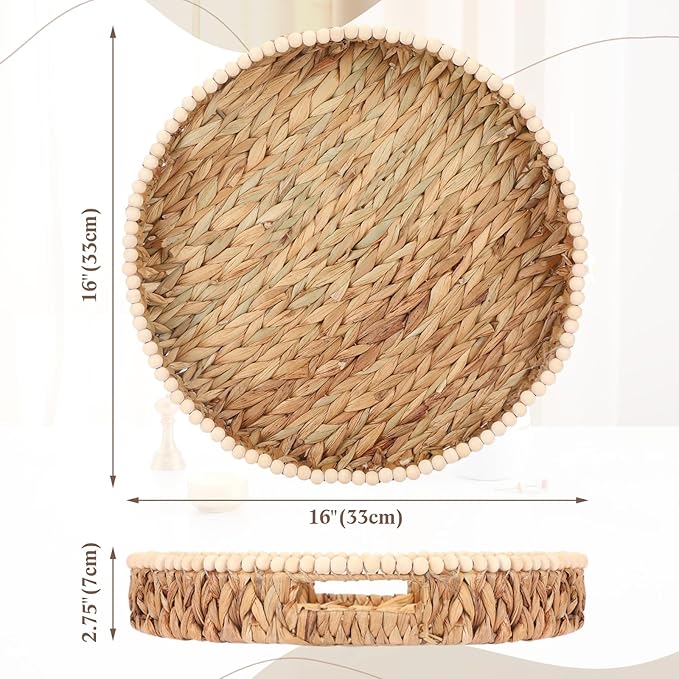 Round Wicker Tray 16'' Water Hyacinth Woven Tray with Handles Decorative Large Serving Trays for Coffee Table for Kitchen, Living Room, Bedroom Home Decor(Water Hyacinth)