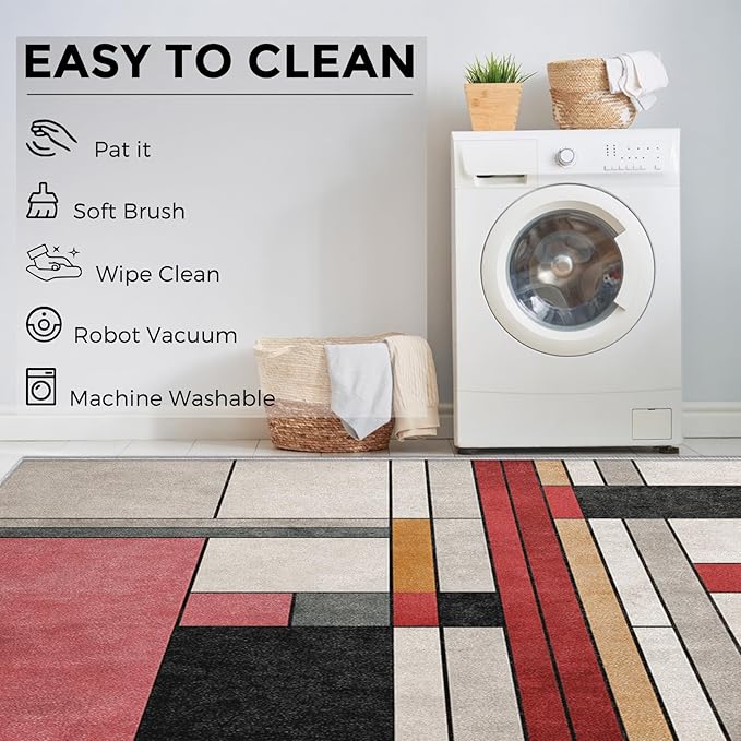 6x9 Abstract Geometric Rugs for Bedroom Decor, Washable Black White Red Geometry Pattern Area Rug, Living Room Home Decoration, Non Slip Soft Thin, Minimalist Modern Decor Carpet PF-P 49