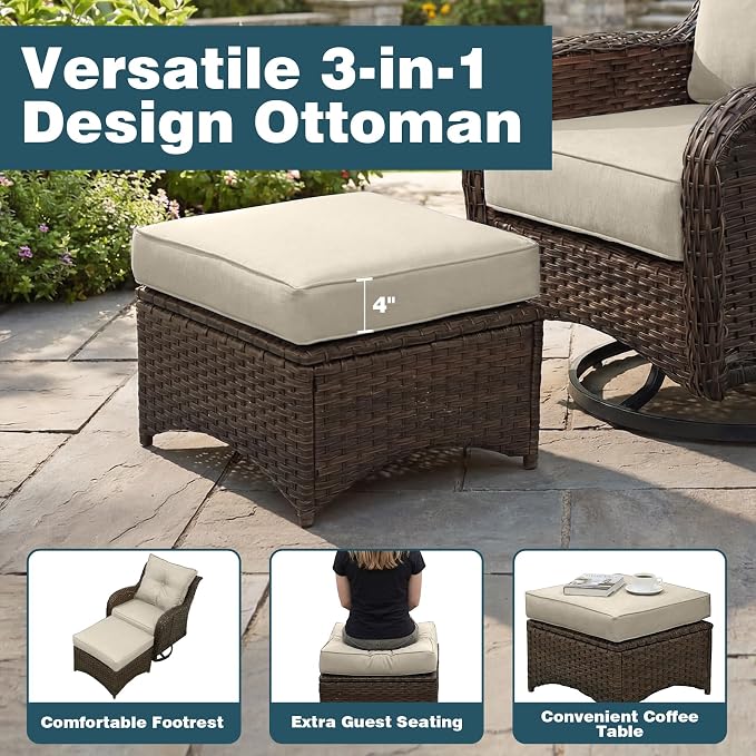 Patio Furniture Set, High Back Rattan Sofa & Swivel Rocker Chairs, Weather
