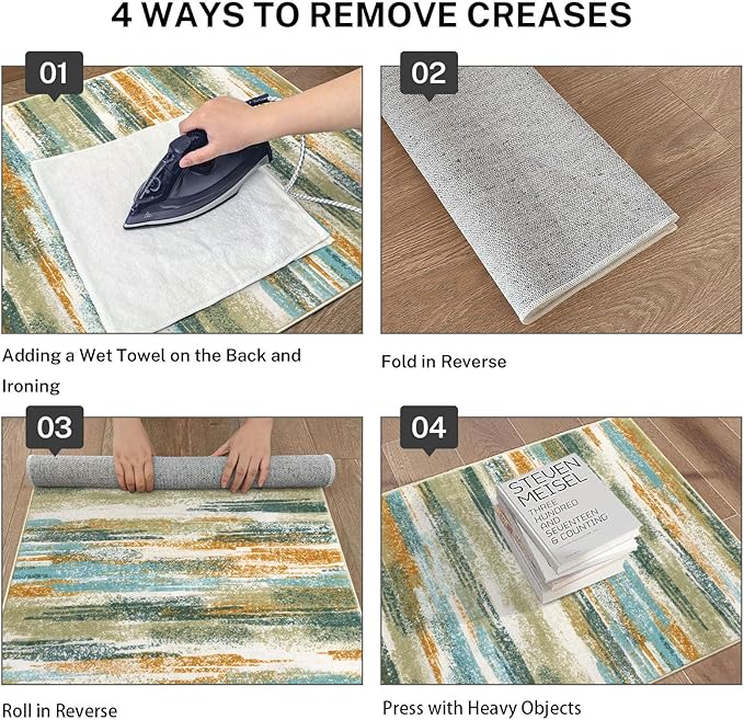 Modern Abstract Runner Rug 2.6x10, Green Mustard Multi Washable Long Kitchen Runner Non-Slip Soft Hallway Rug Runner Thin Print Faux Wool Carpet for Entryway Bedroom Laundry Room Indoor