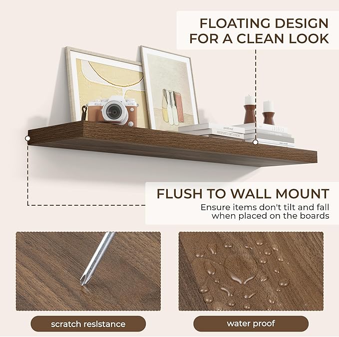 RICHFOCUS 48Inch Floating Shelves for Wall 2 Pack Shelves for Bedroom|Kitchen|Bathroom Wall Mounted Rustic Wood Floating Shelf with Invisible Brackets for Books|Storage|Decor, Walnut