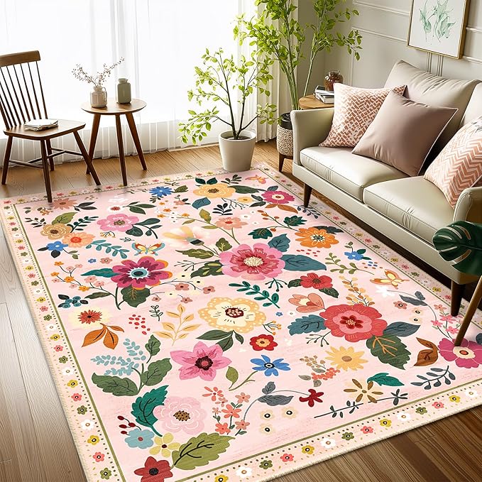 Floral 4x6 Area Rug Machine Washable Soft Print Boho Carpet Non Slip Doormat Low Pile Flower Area Rugs for Living Room Bedroom Nursery Kitchen Dining Room Indoor-Pink