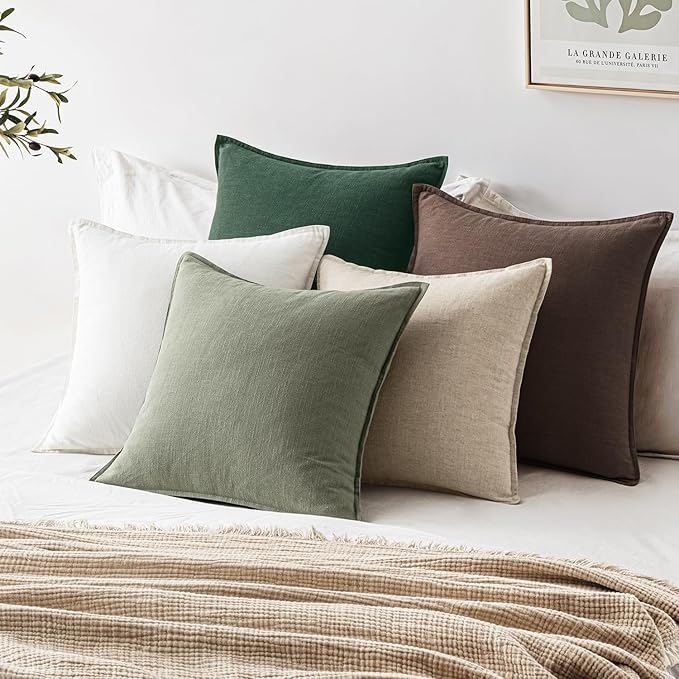 EMEMA Throw Pillow Covers Decorative Linen Pillow Covers 24x24 Inch Light Olive Green Boho Farmhouse Neutral Couch Throw Pillows for Bed Pack of 2 Accent Pillowcase Modern Sofa Cushion Livingroom Home