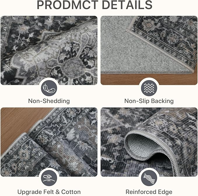 Runner Rug 2'6''x8, Machine Washable Runners, Non Slip Vintage Hallway Runner Rugs, Low Pile Lightweight Mat for Entryway, Hallway, Kitchen and Corridor, Dark Gray