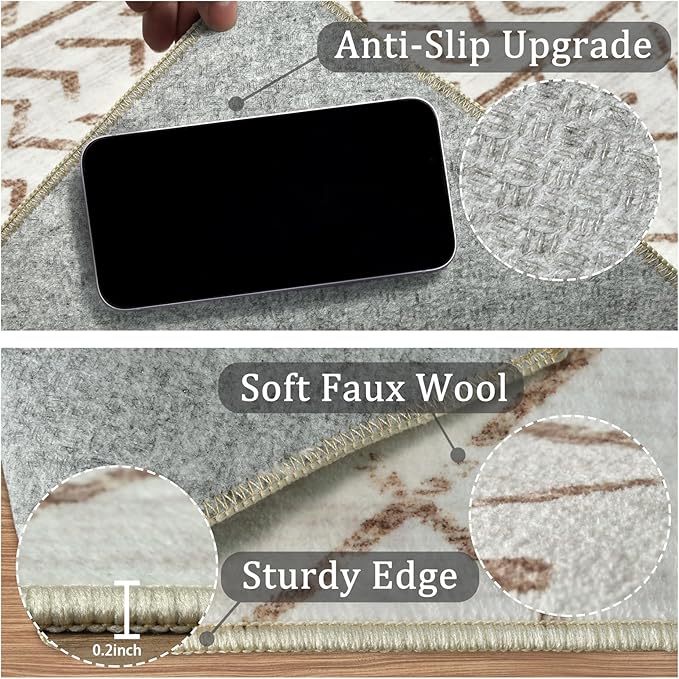 2x3 Machine Washable Area Rug for Entryway, Brown White Vintage Moroccan Rug Non-Slip Low Pile Soft Faux Wool Small Carpet, Kids and Pets Friendly for Bedroom Kitchen Hallway Home Decor Rug