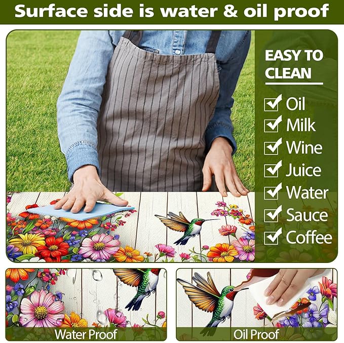 Floral Picnic Table Cover with Bench Covers, Camping Bird Flower Wooden Spring Essentials Waterproof Windproof Camping Tablecloth with Drawstring Bag, Fitted Rectangle Tables and Seats, 72in