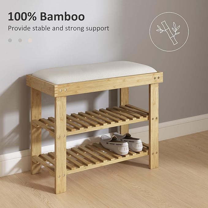 HOMCOM Bamboo Shoe Bench, 3-Tier Entryway Bench with Storage and Cushion, Shoe Organizer for Entryway, Hallway, Holds Up to 331 lbs, 23.6 x 11.4 x 19.3 Inches, Natural