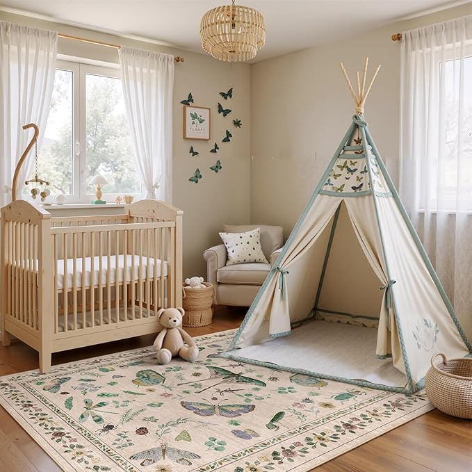5x7 Washable Area Rug with Insect Print - Bug Rug Non-Shedding Stain Resistant Soft Carpet for Bedroom, Low Pile Ultra-Thin Machine Washable Carpet for Dining Room, Kids Nursery, Office (5'x7' Beige)