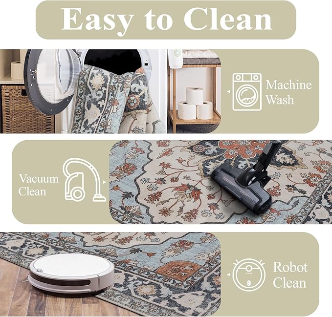 Washable Area Rugs 8x10, Large Rugs for Living Room, Carpet for Bedroom, Soft Faux Wool Retro Dining Room Rug, Non-Slip Backing Resistant Low Pile Vintage Print Rug for Home Office (Blue/Gray)