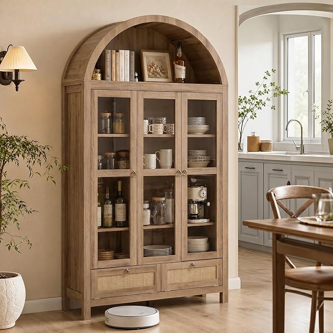 TYBOATLE 75'' Arched Cabinet Classic Farmhouse Design w/Three Glass Doors