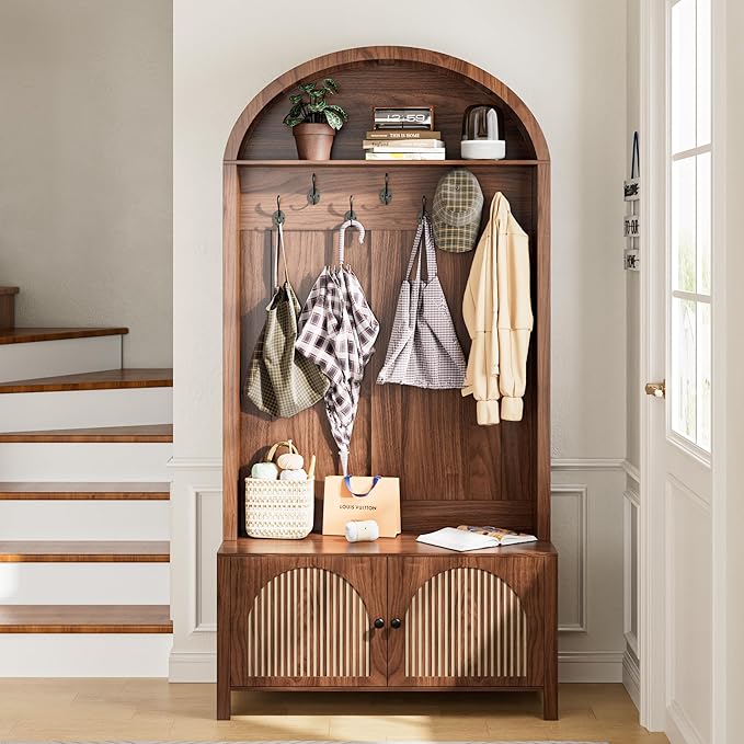 Hall Tree with Bench and Shoe Storage, Entryway Storage Bench with Coat Rack, 78.74" Coat Rack with 7 Hooks and Adjustable Shelves, Farmhouse Style Furniture Organizer for Hallway (Walnut, 78.74"H)