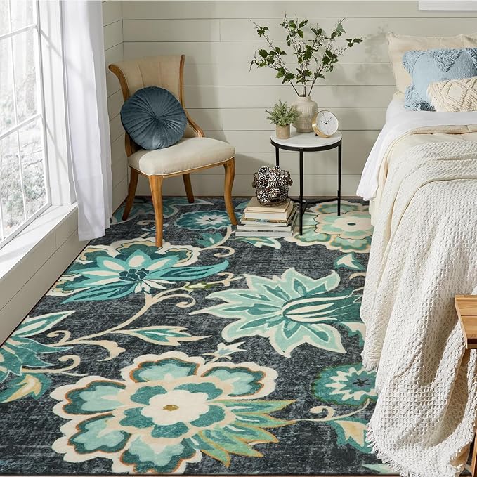 Lahome Floral Area Rug for Living Room - 4 x 6 Rug Washable Non-Slip Soft Rugs for Bedroom Throw Lightweight Boho Dining Room Rug, Blue Paisley Print Indoor Floor Carpet for Office Kitchen Entryway