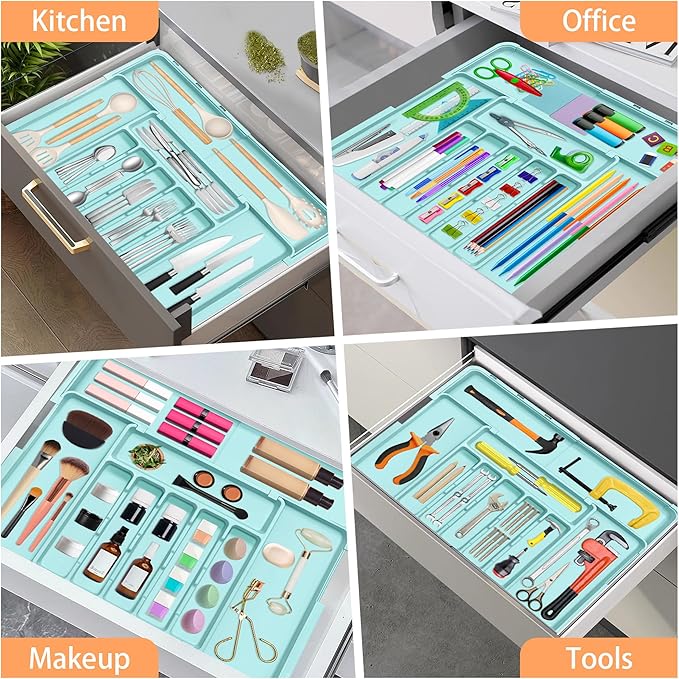 Silverware Organizer Expandable Kitchen Utensil Drawer Organizer Large BPA Free Adjustable Cutlery Silverware Tray for Spoons Forks Knives Storage Divider for Kitchen Flatware 6-9 Slots Turquoise