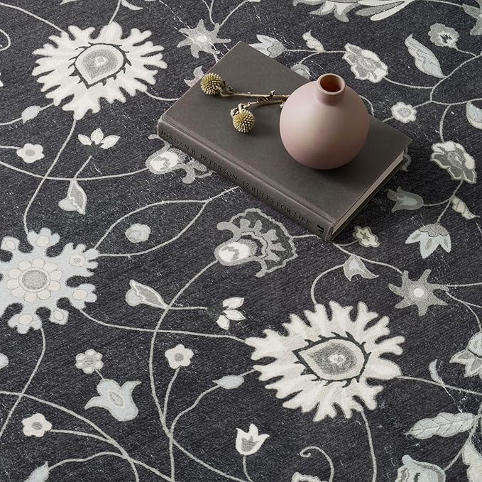 EVERGRACE Area Rugs for Living Room 3x5, Boho Floral Faux Wool Indoor Outdoor Rugs, Washable Rugs for Bedroom Entryway Dining Room Hallyway, Low Pile Floor Mat Carpet for Home Decor, Ebony Black