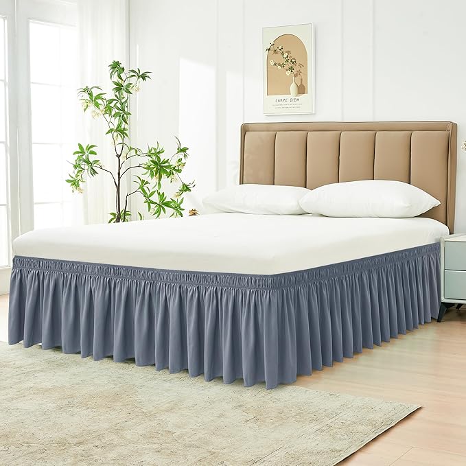Biscaynebay Wrap Around Bed Skirts for Queen Beds 14" Drop, Dark Grey Adjustable Elastic Dust Ruffles Easy Fit Wrinkle & Fade Resistant Silky Luxurious Fabric Solid Machine Washable