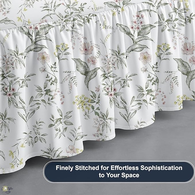 Cottington Lane Ruffled Bed Skirt Full Size with Split Corner, Brushed Microfiber Hotel Quality Dust Ruffle, 15 Inch Drop Gathered Bedskirt, Soft, Stylish, Shrink & Fade Resistant, Morning Petals