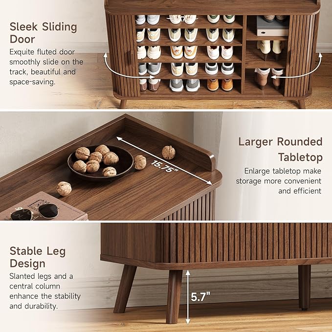 Shoe Cabinet with Sliding Door, 5-Tier Hidden Shoe Rack with Adjustable Shelves, Wooden Shoe Storage Organizer with Open Bottom Space, Freestanding Shoe Shelf for Entryway Hallway Apartment, (Walnut)