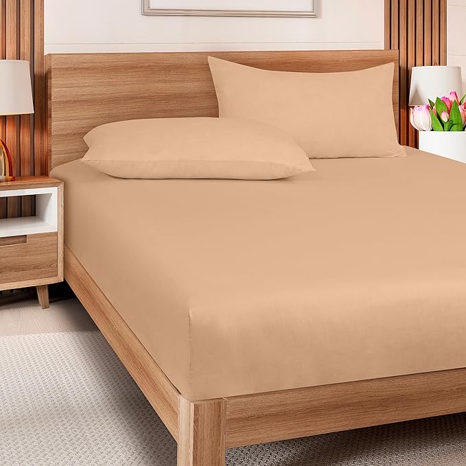 ROYALE LINENS 300 Thread Count 100% Long Staple Combed Cotton Fitted Sheet California King - Super Soft Deep Pocket Bottom Sheet - Fitted Sheets Only - Elastic Sheets (Cal King, Sand)