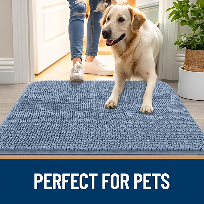 OLANLY Dog Door Mat for Muddy Paws 30x17, Absorbs Moisture and Dirt, Absorbent Non-Slip Washable Doormat, Quick Dry Chenille Mud Mat for Dogs, Entry Indoor Entryway Carpet for Inside Floor, Airy Blue