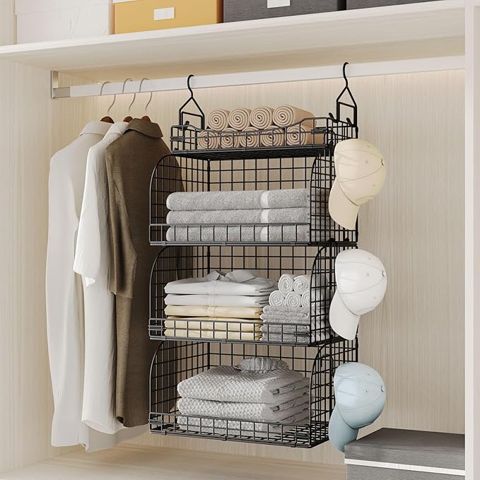 HapiRm Hanging Closet Organizer Storage - 4 Tier Metal Stackable Hanging Closet Shelves with Dividers and S Hooks, Foldable Clothes Shelves for Clothes, Pants, Shoes, Coat, Hats Clutches Accessories