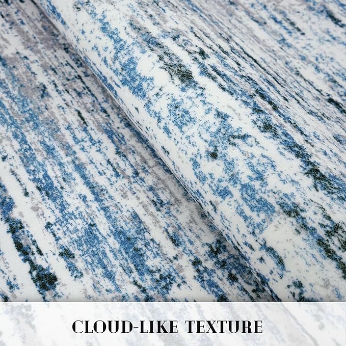 Modern Abstract Runner Rug 2.6x8, Grey Blue White Washable Kitchen Runner Non-Slip Soft Hallway Rug Runner Thin Print Faux Wool Carpet for Entryway Bedroom Laundry Room Indoor Home Decor