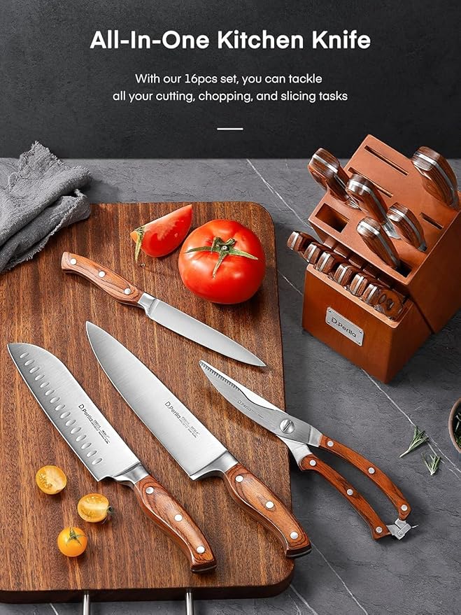 Kitchen Knife Set, 16 Pcs Stainless Steel Knife Block Set with Wood Handle