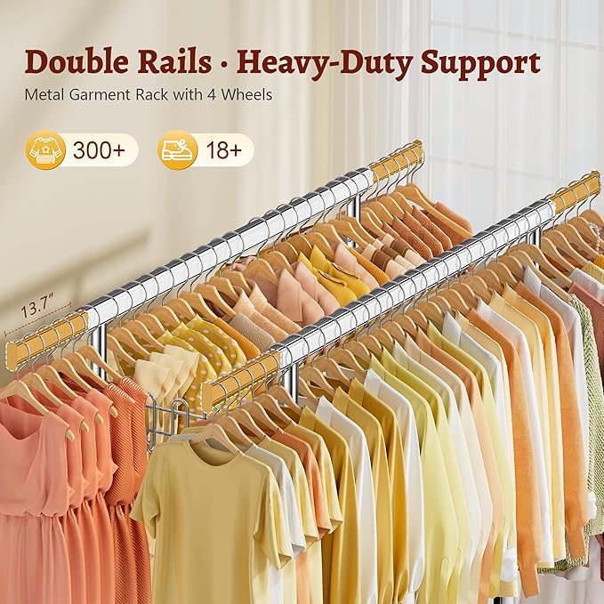FAVOOSTY Heavy Duty Clothes Rack for Hanging Clothes Double Rods, Rolling & Extending Clothing Rack with Wheels, Garment Coat Rack Freestanding, Portable Clothes Rack, Sliver