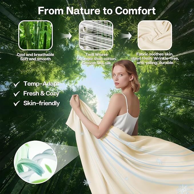 MR&HM King Fitted Sheet Only, Ultra-Soft Rayon Derived from Bamboo & Polyester Blend, Silky & Breathable, 15" Deep Pocket with Elastic Straps, Cooling Fitted Sheet for Hot Sleepers, Cream