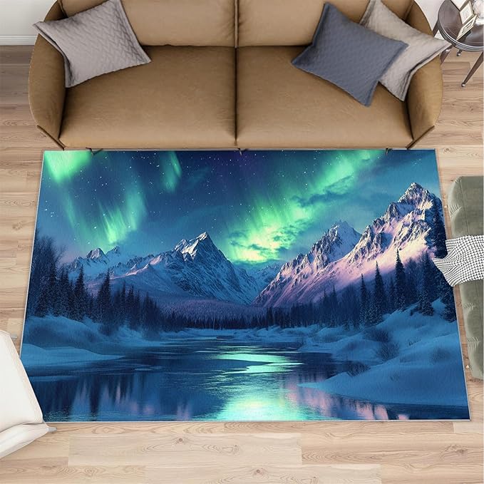 5x6 Snowy Mountains Rugs for Office - Aurora Borealis Living Room Carpet, Polar Landscape Bedroom Area Rug Kids Low Pile Rug for Indoor Outdoor Hardwood Floors Home Decor