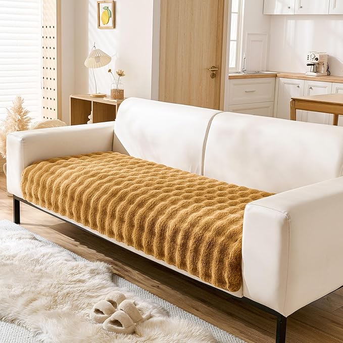 Faux Fur Couch Cover Fuzzy Soft Plush Thick Bubble Sofa Cover Luxury Sectional Couch Covers Luxury Anti-Slip Sofa Slipcover Washable Furniture Protector (Brown Yellow,28"x47")