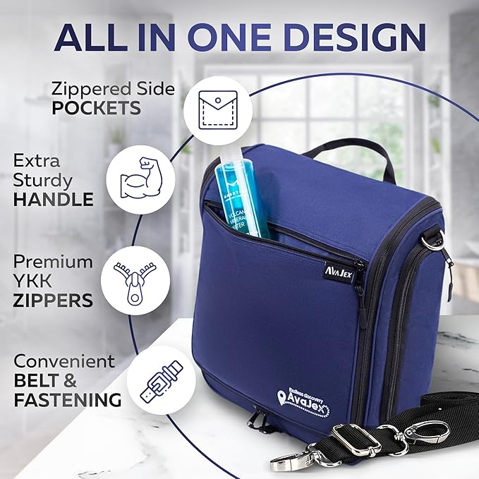 Extra Large (11.8”x11.8”x4”) Hanging Travel Toiletry Bag for Men and Women - Cosmetic Travel Bag With Shoulder Strap - Waterproof Hygiene Bag with Metal Swivel Hook and 19 Compartments for Toiletries