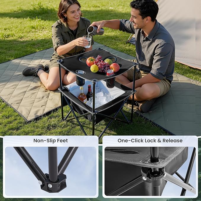 Portable Outdoor Folding Camping Table with 4 Cup Holders & Cooler Compartment, Waterproof Picnic Table for Picnic, BBQ, Beach, Hiking (Black)