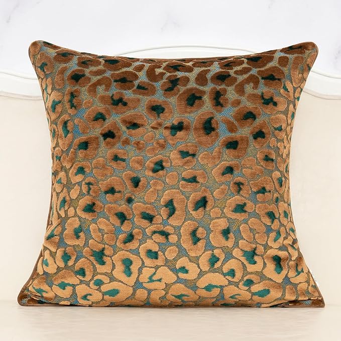 Alerfa Green Brown Floral Throw Pillow Cover 20 x 20 Inch Cut Velvet Sqaure Luxury Decorative Pillow Cover for Couch Living Room Bedroom