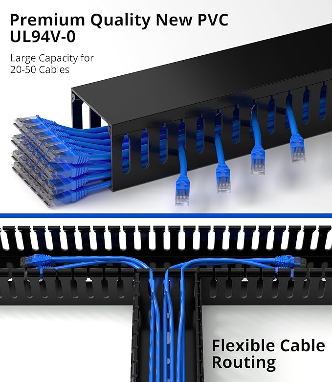 ZhiYo H2in x W2.4in Professional Server Rack Cable Management Raceway, 95in (4X L23.6in) Cable Raceway Kit, Electrically Safe PVC, Open Slot Wire Hider for Under Desk/Computer/Network Cords