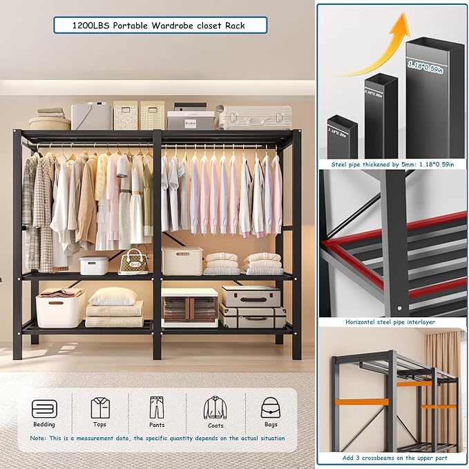 Heavy Duty Covered Clothes Rack with Magnetic Door Foldable Portable Wardrobe Closet for Hanging Clothing Rolling Black Metal Garment Rack on Wheels Closet System (Dragon Sandalwood, 65.9in)