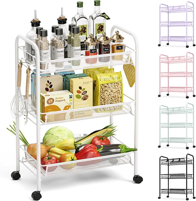 TOOLF 3-Tier Metal Rolling Cart, Mesh Wire Easy Assemble Utility Cart, Storage