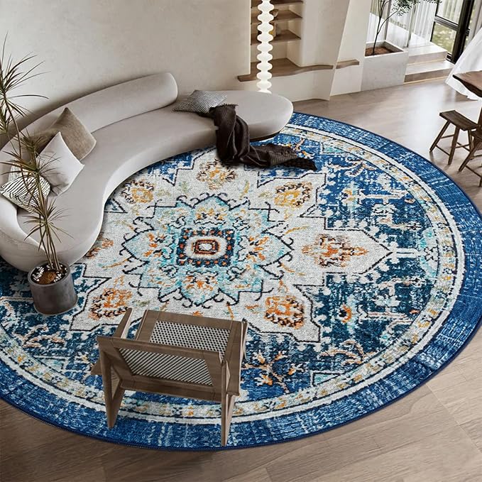 Easy-Going Round Rug 5ft Area Rug Washable Boho Circle Rugs for Living Room Non-Slip Bedroom Rug Low Pile Lightweight Tangerine Vintage Throw Rug for Dining Room Kitchen Office, Floral Aqua Yellow