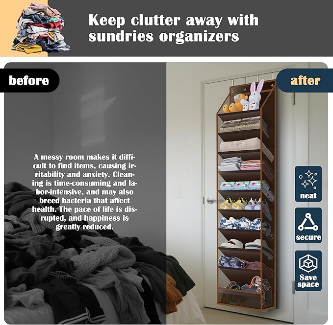 10 - Pocket Over - the - Door Hanging Shoe Organizers & Rack, Made of Sturdy 600D Oxford + Non - Woven Fabric, Space - Saving Storage for Shoes, Boots & More (Dark coffee color)