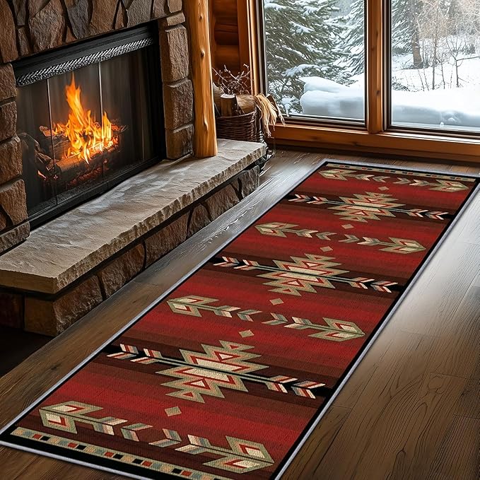 Red Arrow Runner Rug, 2x8ft Retro Geometric Hallway Runner Rug - Corridor & Busy Home Foyer Rugs, Washable Flannel Non-Slip Mat, Southwestern Tribe Decor Carpet for High-Traffic Areas