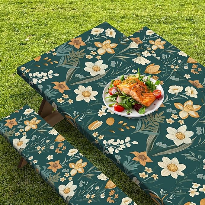 Picnic Table Cover with Bench Covers Elastic Edges, Floral Botanical Camper Fitted Table Cover, Outdoor Camping Essentials 72 Inch 3PCS, Waterproof Camping Fitted Tablecloth with Drawstring Bag