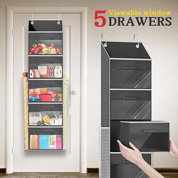 Ofiray-home Over Door Wrapping Paper Organizer Storage with 5 Removable Drawers & 2 Large Side Pockets for Gift Wrap Rolls Wrap Storage for Ribbons, Bows, Ornaments and Tools