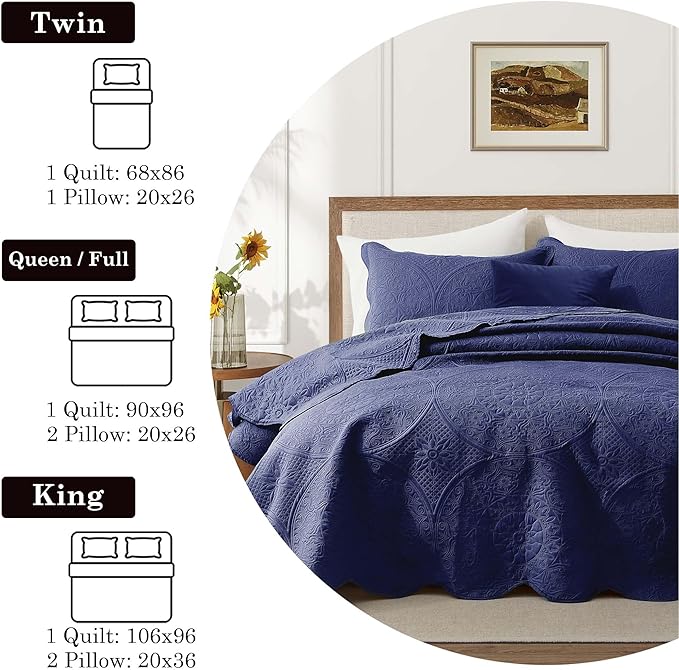 IR Imperial Rooms 10 Pack Twin Quilt Bedding Set (68" x 86") - Bulk Wholesale for Hotels, Guest Bedroom & Airbnbs - Lightweight Microfiber Reversible Floral Embossed Quilts Bedspreads (Navy)