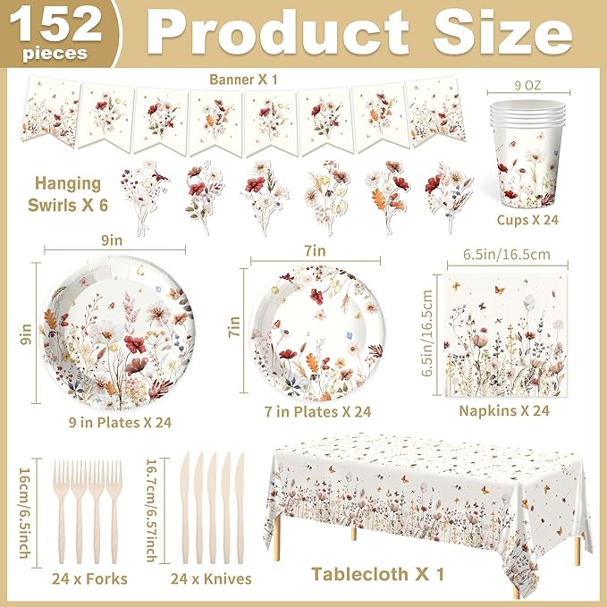 152Pcs Spring Wildflower Party Decorations include Plates, Cups, Napkins, Banner, Tablecloth for Floral Baby Shower Birthday Wedding Decorations, Serves 24