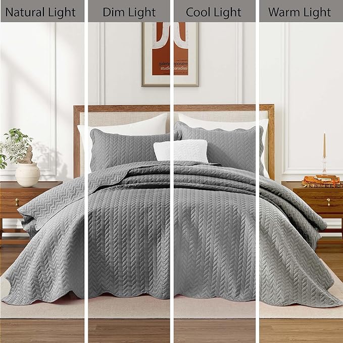 IR Imperial Rooms King Quilt Bedding Set Size (106" x 96") + 2 Pillow Shams (20" x 36"+ 2") - 3 Pcs All Season Lightweight Reversible Microfiber Coverlet Embossed Quilt Bedspread (Grey)