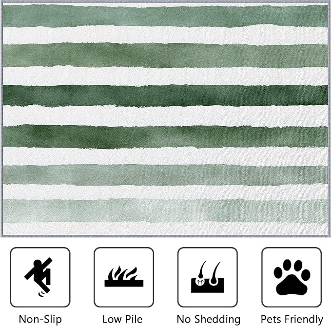4x6 Rug Washable - Striped Rug for Bedroom, Green and White Stripe Minimalist Watercolor Non Slip Low Pile Area Rugs for Living Room Laundry, Striped Carpet Room Decor & Gifts