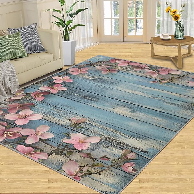6x9 Vines Living Room Rug - Vintage Wood Panels Bedroom Carpet, Rural Flowers Classroom Rug for Carpet Boy Bedroom Office Nursery Hardwood Home Decor