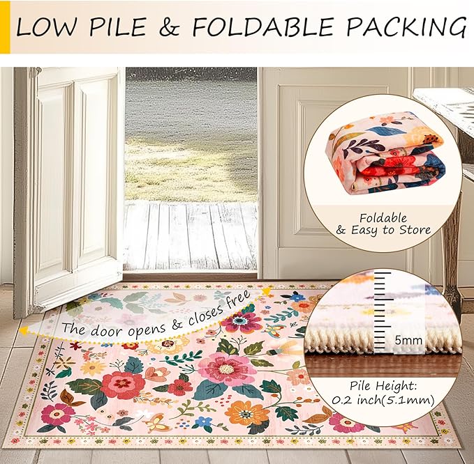 Floral 6x9 Area Rug Machine Washable Soft Print Boho Carpet Non Slip Doormat Low Pile Flower Area Rugs for Living Room Bedroom Nursery Kitchen Dining Room Indoor-Pink